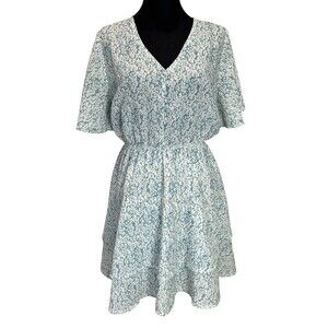 Women’s Size L Teal & White Floral Mini Dress Flutter Sleeve Elastic Waist Lined